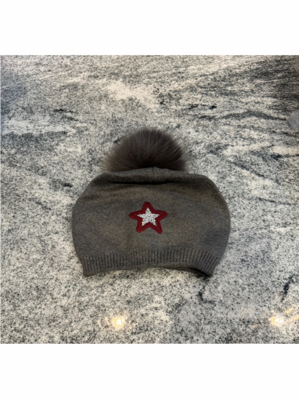 New Custom Designed Gray
Slouchy Knit Pom Beanie with Maroon & Sequin Star